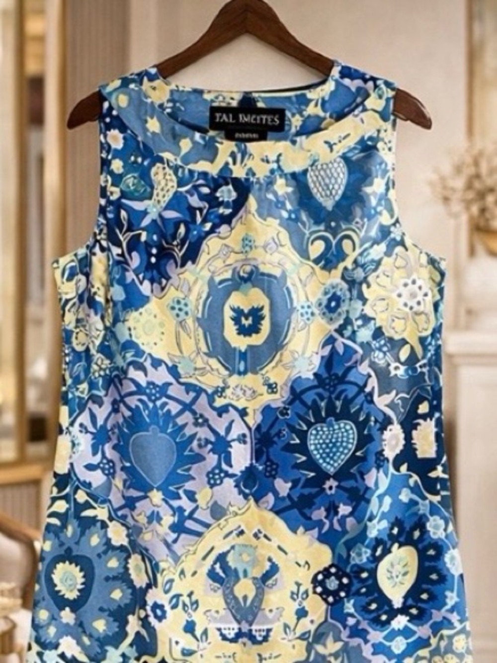 Talbots Sleeveless Shift Dress in Blue and Yellow Floral Medallion